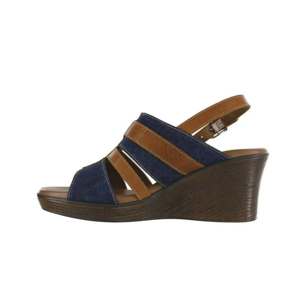 SAS Layla Brie Strappy‎ Denim Jean & Leather Wedge Sandal Shoe Size 10 M